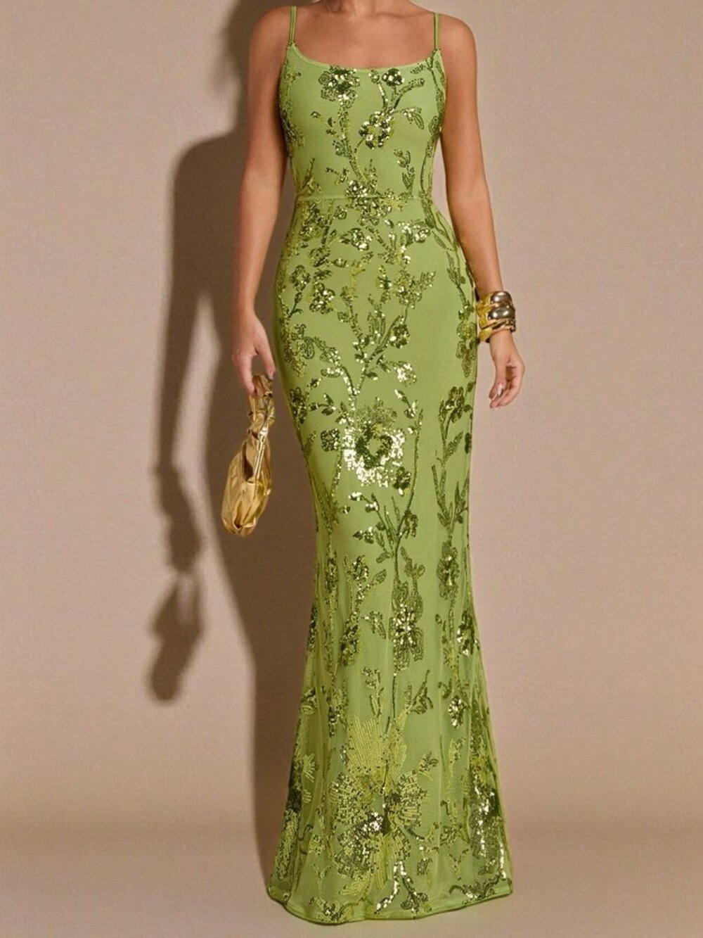 Green Casual Women's Backless Slim Fit High Waist Arm Sleeve Mermaid Maxi Dress